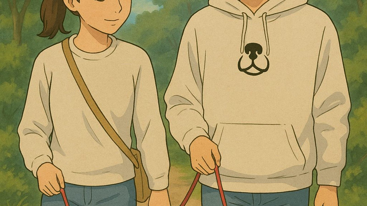 A couple walking their dogs, one wearing a snouts snout hoodie