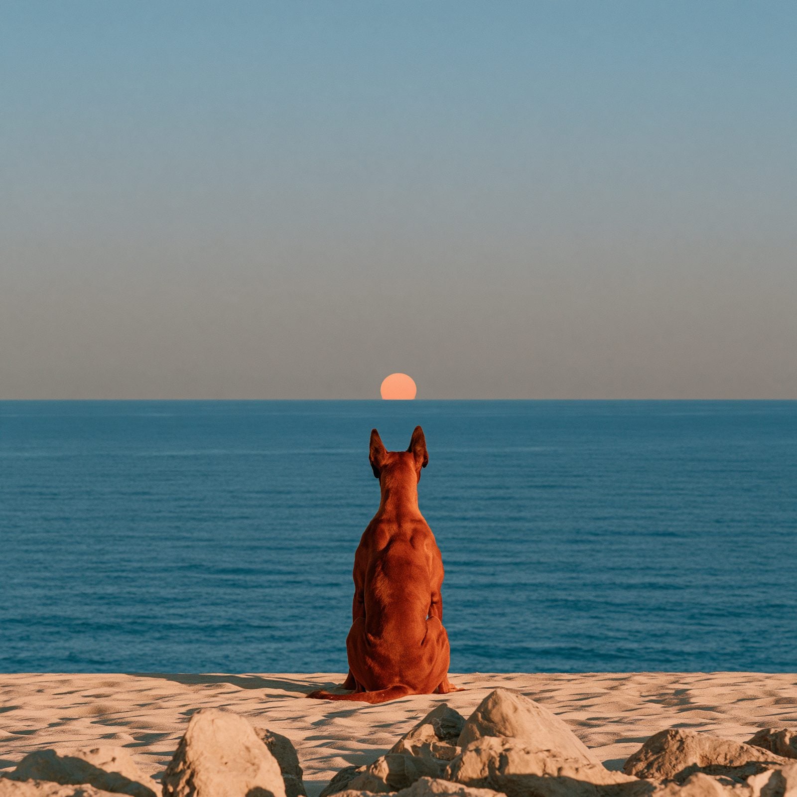 A dog sitting on the beach watching the sunset over the ocean